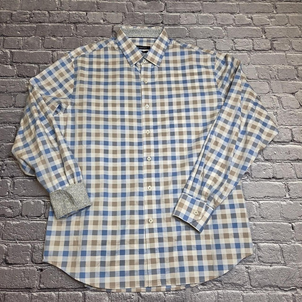 BUGATCHI UOMO Mens Classic Fit Plaid Dress Shirt Long Sleeve Button Down Large